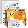 30 PCS Sticker Paper for Inkjet Printer，Printable Vinyl Sticker Paper Dries Quickly Vivid Colors，8.5"x11" Tear Resistant Printable Vinyl，Glossy White,Inkjet & Laser Printer