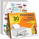 30 PCS Sticker Paper for Inkjet Printer, Printable Vinyl Sticker Paper Dries Quickly Vivid Colors, 8.5"x11" Tear Resistant Pr