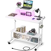 Height Adjustable Standing Desk with Power Outlets and LED Lights - 32" Manual Stand Up Desk with Monitor Stand and Storage Shelves Small Mobile Rolling Computer Desk Portable Laptop Table, White