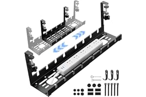 POKIPO Under Desk Cable Management Tray 21.7" Cable Management Under Desk, Retractable Under Desk Cord Organizer Wire Management No Drill Cable Tray with Clamp, Metal Rack Basket for Standing Desk