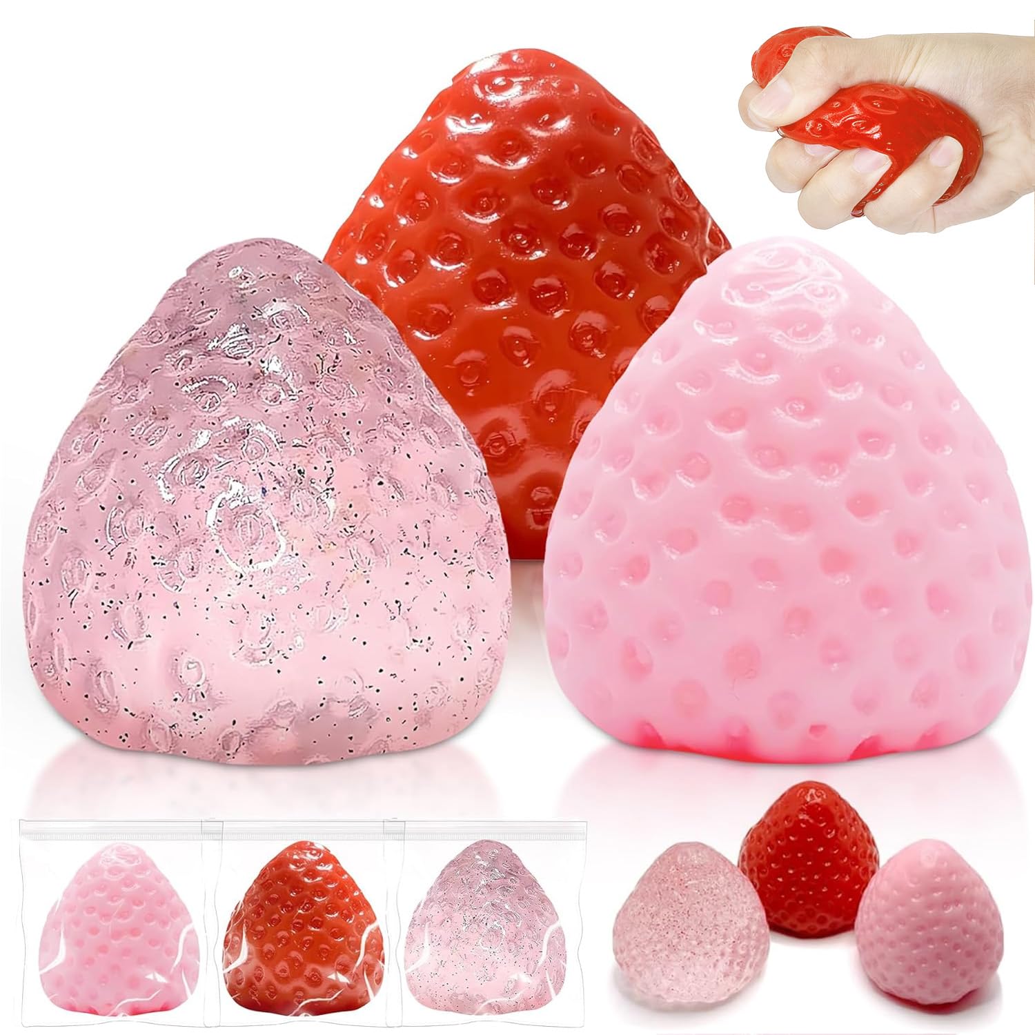 Photo 1 of 3 Pcs Big Squishie Strawberry Toys, Cute Strawberry Squeeze Toys, Kawaii Jelly Stress Toys, Fruit Squishy, OPP Gift Bags – Perfect for Party Favors, Classroom Prizes & Birthday Gifts for Boys Girls
