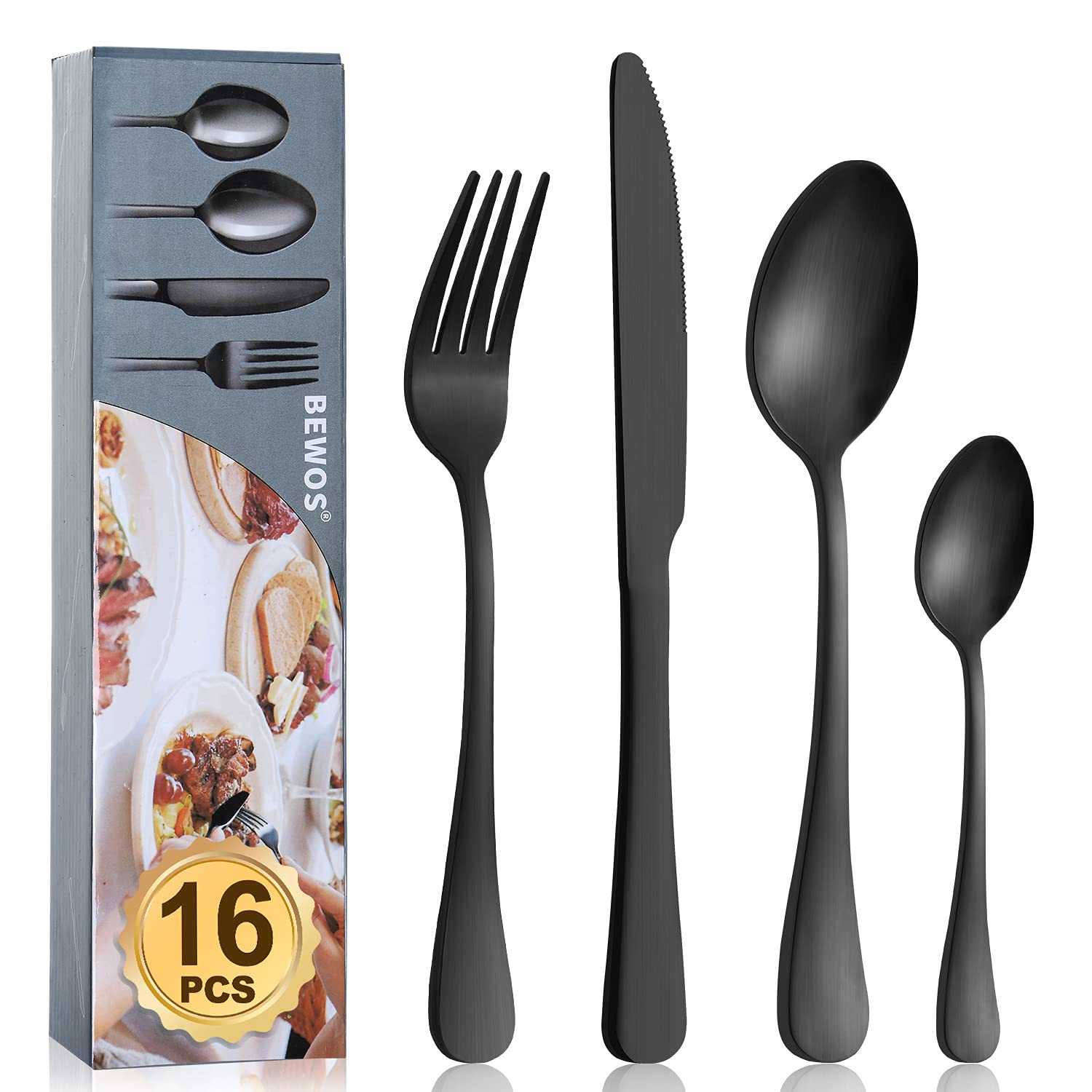 Cutlery Set, BEWOS 16 Piece Matt Black Stainless Steel Flatware Set, Silverware Tableware Set with Spoon Knife and Fork Set, Service for 4, Easy Clean/Dishwasher Safe