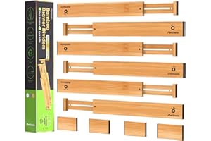ANTOWIN Bamboo Drawer Dividers, Expandable Drawer Separators Splitter, 17-22 inches Adjustable Spring-loaded Organizer for Large Utensil, Clothes, Tools Drawers, 6 Pack Dividers + 4 Pack Baffle