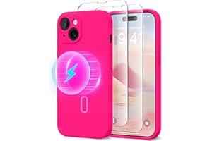 SuydanBox Strong Magnetic for iPhone 15 Case Silicone, Compatible with MagSafe, [Camera Protection][2X Screen Protectors] Soft Anti-Scratch Microfiber Lining, Phone Case for iPhone 15 6.1", Hot Pink