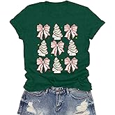 LuxLass Christmas Shirts for Women Retro Coquette Bow Tshirt Xmas Candy Tree Tee Tops