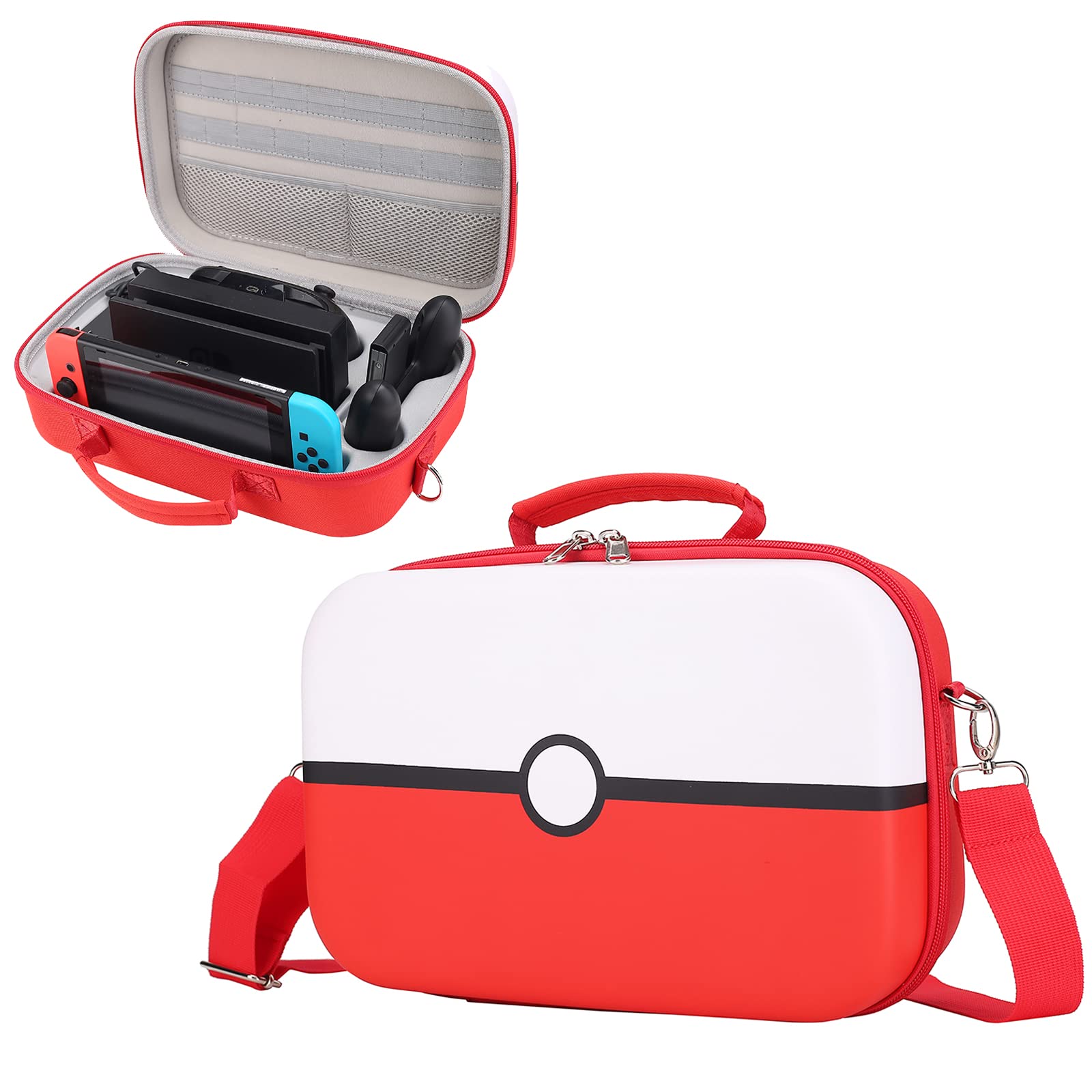 Photo 1 of Red & White Travel Carrying Case For Nintendo Switch & Switch OLED, Deluxe Protective Hard Shell Waterproof Case Fits Nintendo Switch Console & Full Set Accessories, with Removable Shoulder Strap.