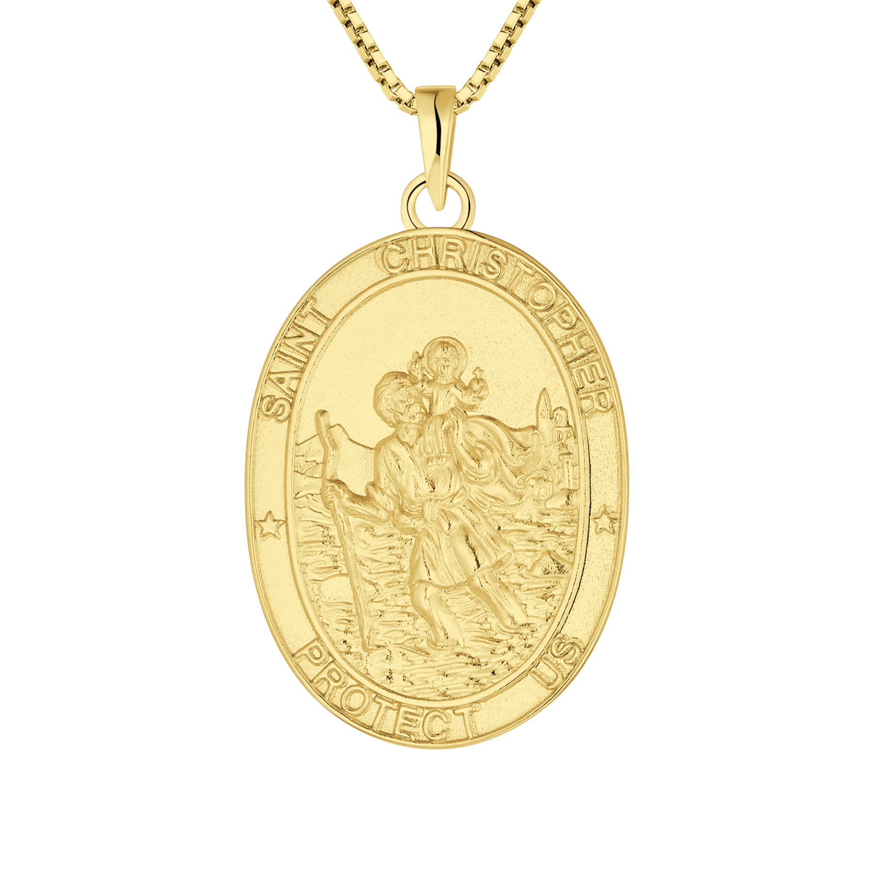 FJ 18ct Gold Plated St Christopher Necklace 925 Sterling Silver for Men Women Saint Christopher Pendant Necklace with 20 Inch Chain (Oval)