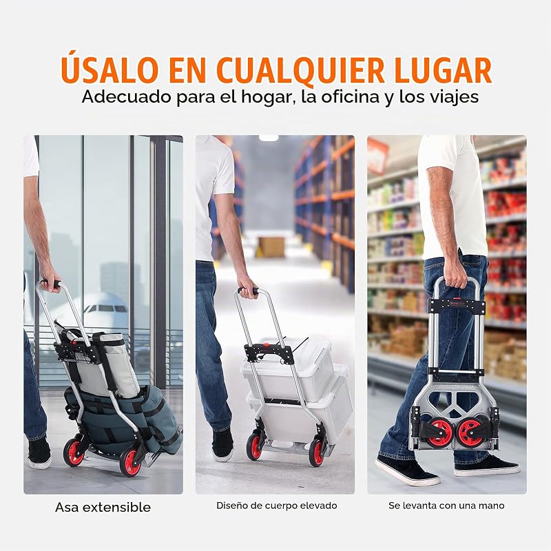 Carretilla de Mano Plegable de Aluminio Carga de 80 kg Carro de Mano de Alta Resistencia con Ruedas de Goma Mango Telescópico para Transporte Doméstico, Mercancías de Almacén Supermercado
