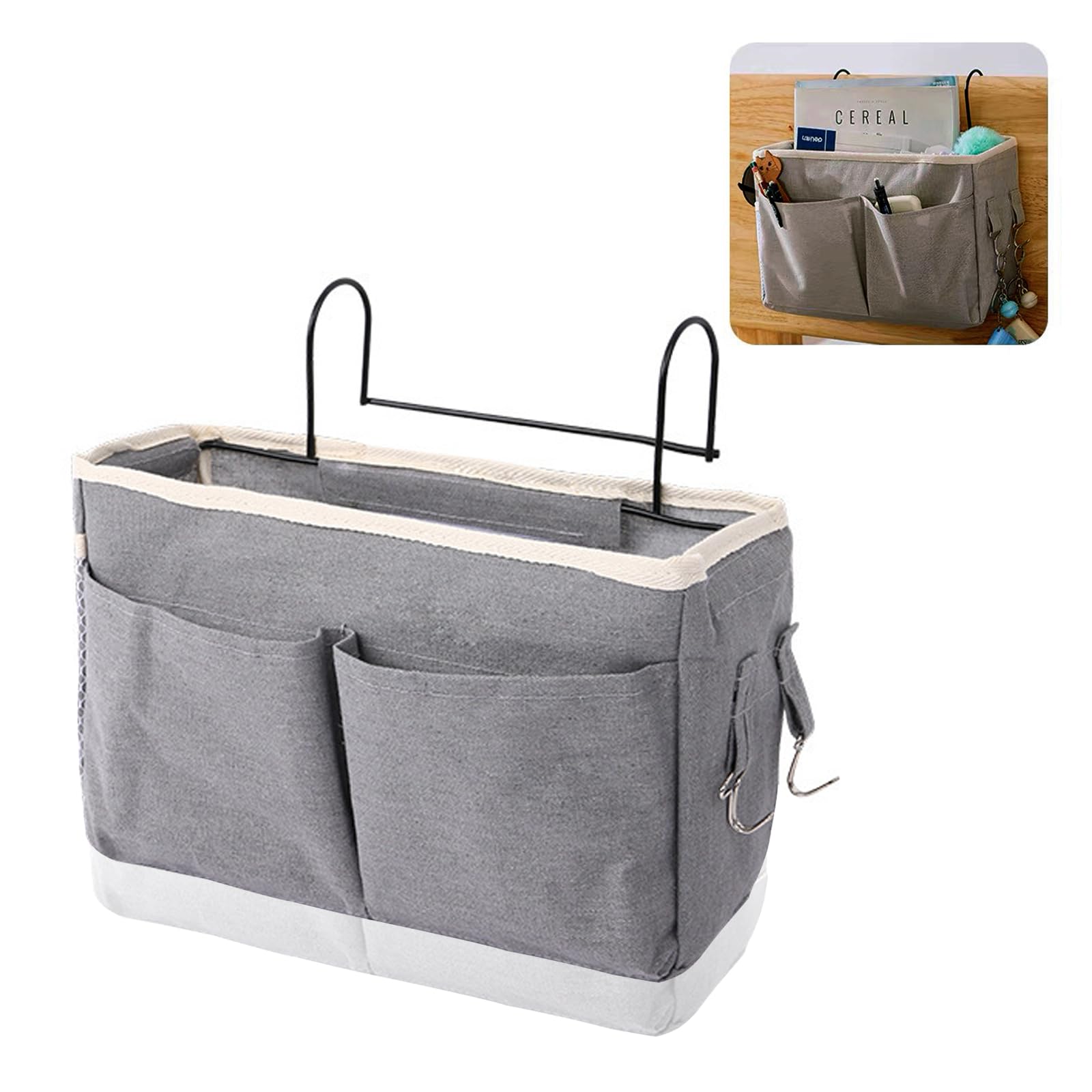 SNSYGN Bedside Caddy, Bedside Hanging Storage Canvas Hanging Storage Baskets with Hooks Canvas Bed Pocket Bunk Bed Storages Bag for Dormitory Bedroom Office (Grey)