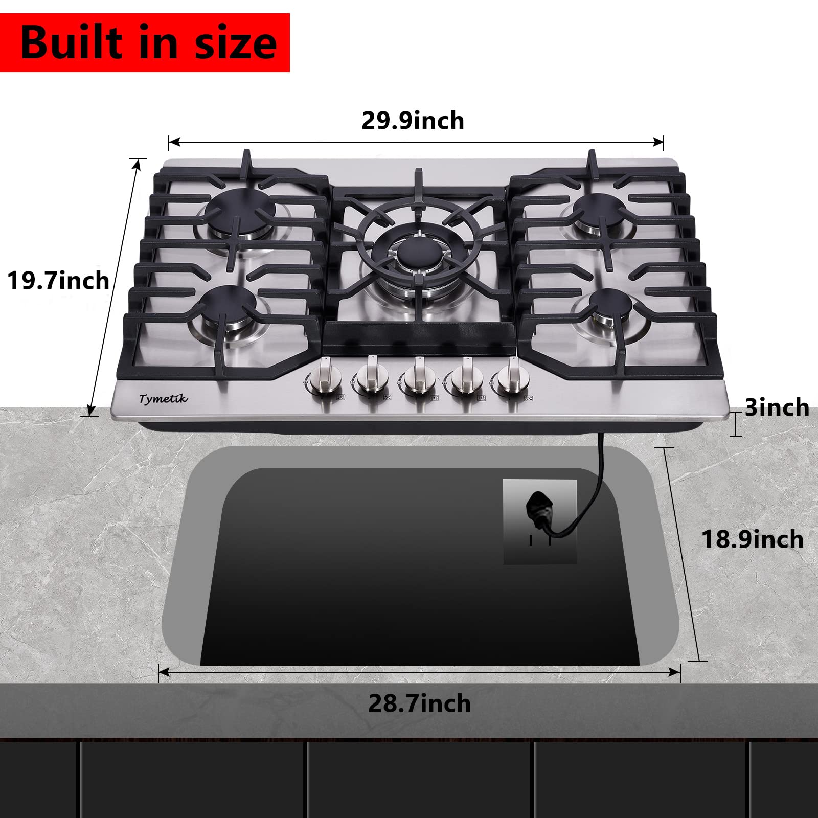 Tymetik Gas Cooktop 30 Inch, 5 High Efficiency Burners Gas Stovetop Stainless Steel Built-in Gas Stove Top Propane/Natural Gas Convertible Gas Hob