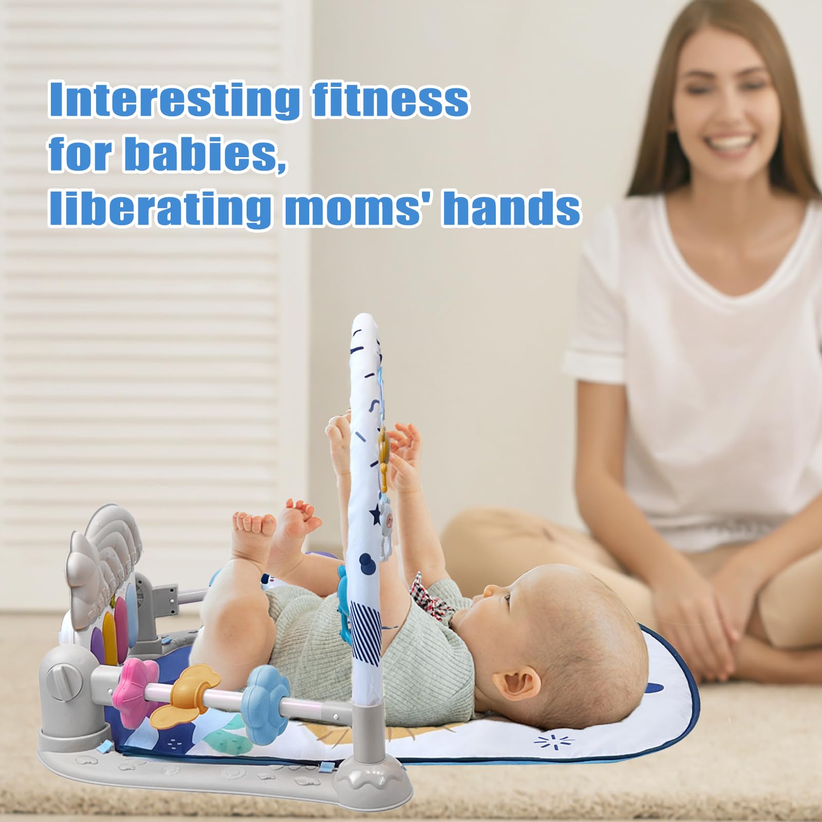 Baby Play Gym Mat, Baby Gym Activity Center, Kick and Play Piano with Music and Light, Tummy Time Toys for Newborn Babies Infants Boys Girls 0-3-6-9-12 Months (Grey)