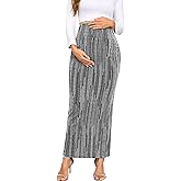 AISWI Maternity Sparkly Adjustable Waist Maxi Skirt Over The Belly Stretchy Pregnancy Long Pencil Skirts