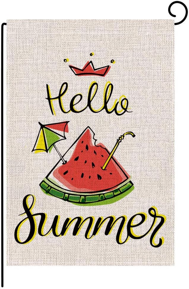 Keniot Hello Summer Watermelon Double Sided Burlap Garden Flag, Seasonal Summer Outdoor Funny Decorative Flags for Yard Outdoor Decor, 12.5 x 18.5 inch