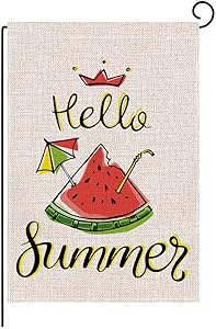 Keniot Hello Summer Watermelon Double Sided Burlap Garden Flag, Seasonal Summer Outdoor Funny Decorative Flags for Yard Outdoor Decor, 12.5 x 18.5 inch