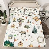 Homewish Cartoon Camper Fitted Sheet Twin Size Jungle Adventure Travel Bedding Set Wild Elk Animals Mountain Trees Bed Sheet for Kids Boys Teens Men Bedroom Decor Happy Camping Deep Pocket Sheet 2pcs