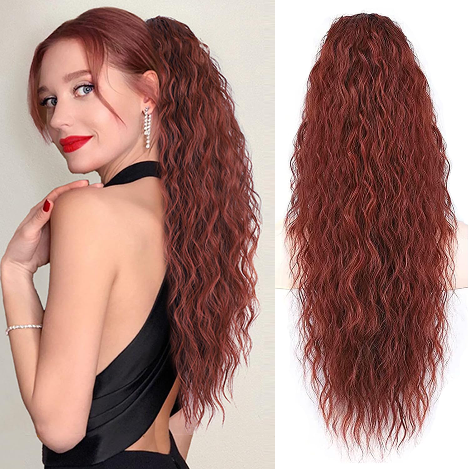 PORSMEER 28 inches Ponytail Extension Copper Red Long Beach Wave Drawstring Clip in Pony Hair Extension Auburn Synthetic Pony Tail Hairpiece for Women