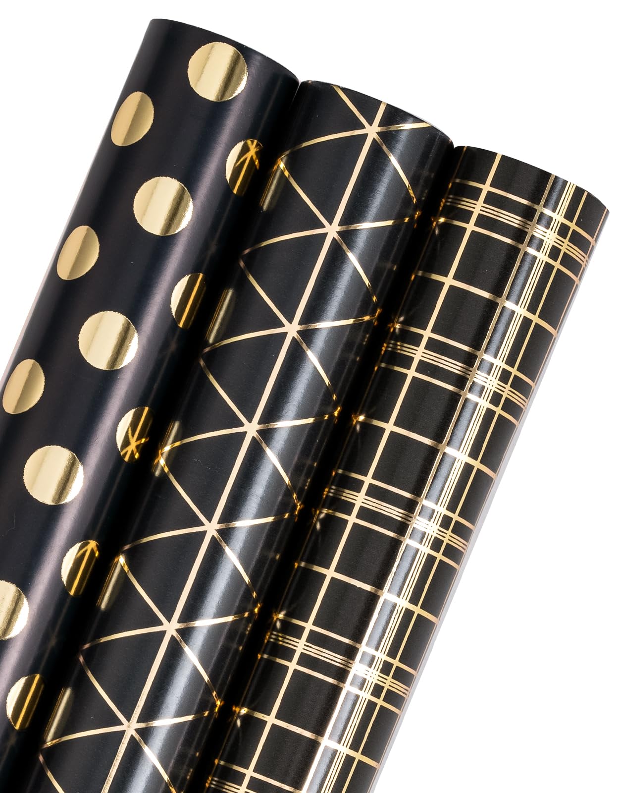 RUSPEPA Wrapping Paper Roll - Mini Roll - 3 Rolls - 43.2cm x 3.05m Per Roll - Metallic Black Gold Geometry Design for Wedding, Holiday, Party, Baby Shower