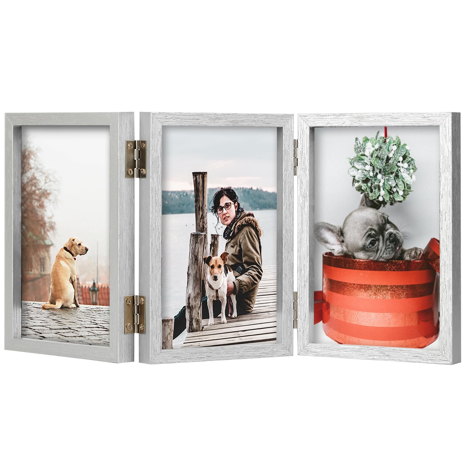 TOFOREVO 4x6 3 Picture Frame Triple Wooden Hinged Photo Frame Definition Glass Stand Vertically on Desktop or Tabletop Silver