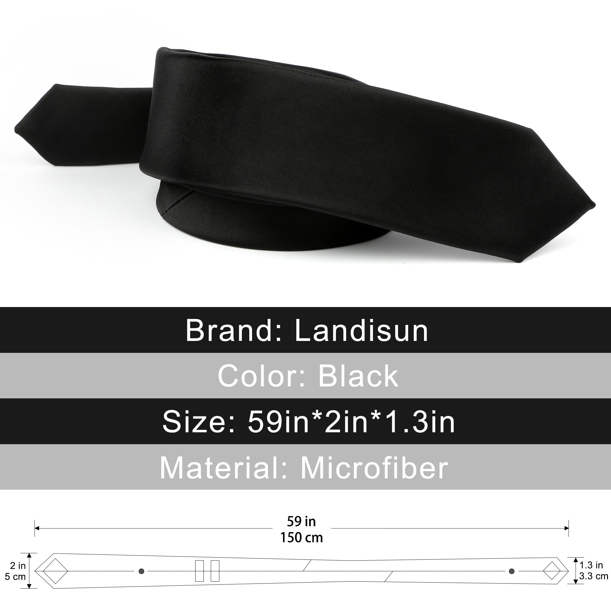 Landisun Black Tie Men Women Solid Skinny Ties Slim Ties Satin Tie