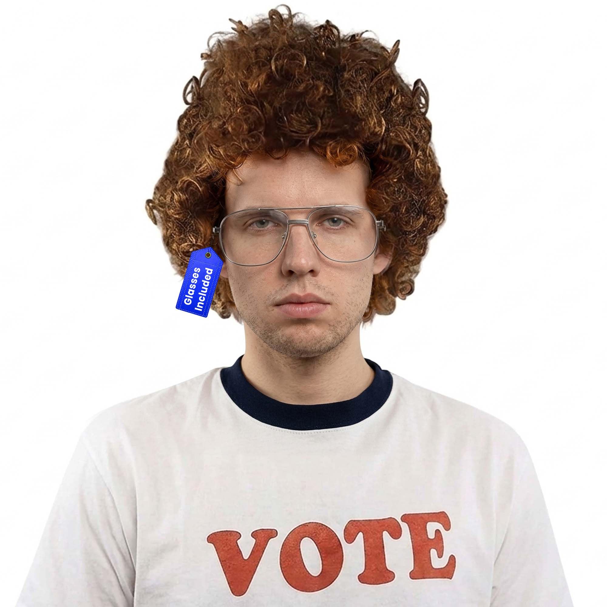 ALLAURA Compatible with Napoleon Dynamite Wig – Pedro Costume Set with Glasses & Brown Afro Nerd Hair for Adults – Funny 80s Halloween Outfit, Retro Cosplay, Movie-Inspired Party or Couples Costume