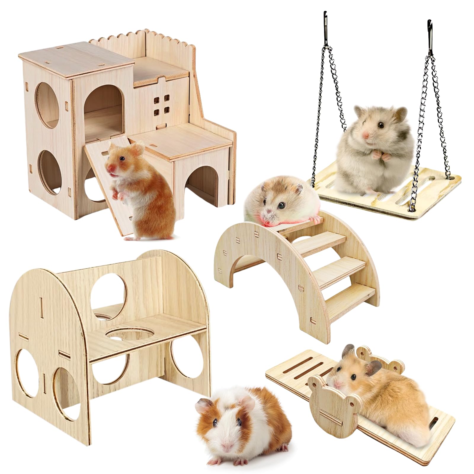 PRITOK Wooden Hamster Toy Set: 5 Pieces Including Castle, Seesaw, Bridge, Avoidance Toys and Swing - Pine Guinea Pigs Toy Set for Small Pets
