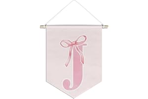 foedor initial Personalized Preppy Canvas Hanging Pennant Flag Banner, Coquette Pink Bow Teen Girl Gifts,Trendy Cute Monogrammed Gifts Wall Decor for Women Teen Girl Nursery bedroom(J)