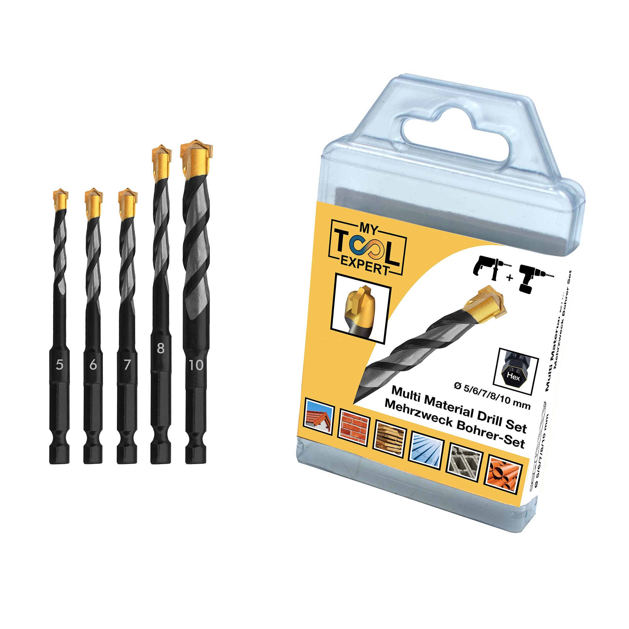 Masonry Drill Bits Set, 5 Piece Multi Material Drill Bit Set Ø 5,6,7,8,10 mm HEX Universal Rotary and Impact Masonry Drill Set for Brick Walls, Soft Tile, Wood, Plastic, Metal