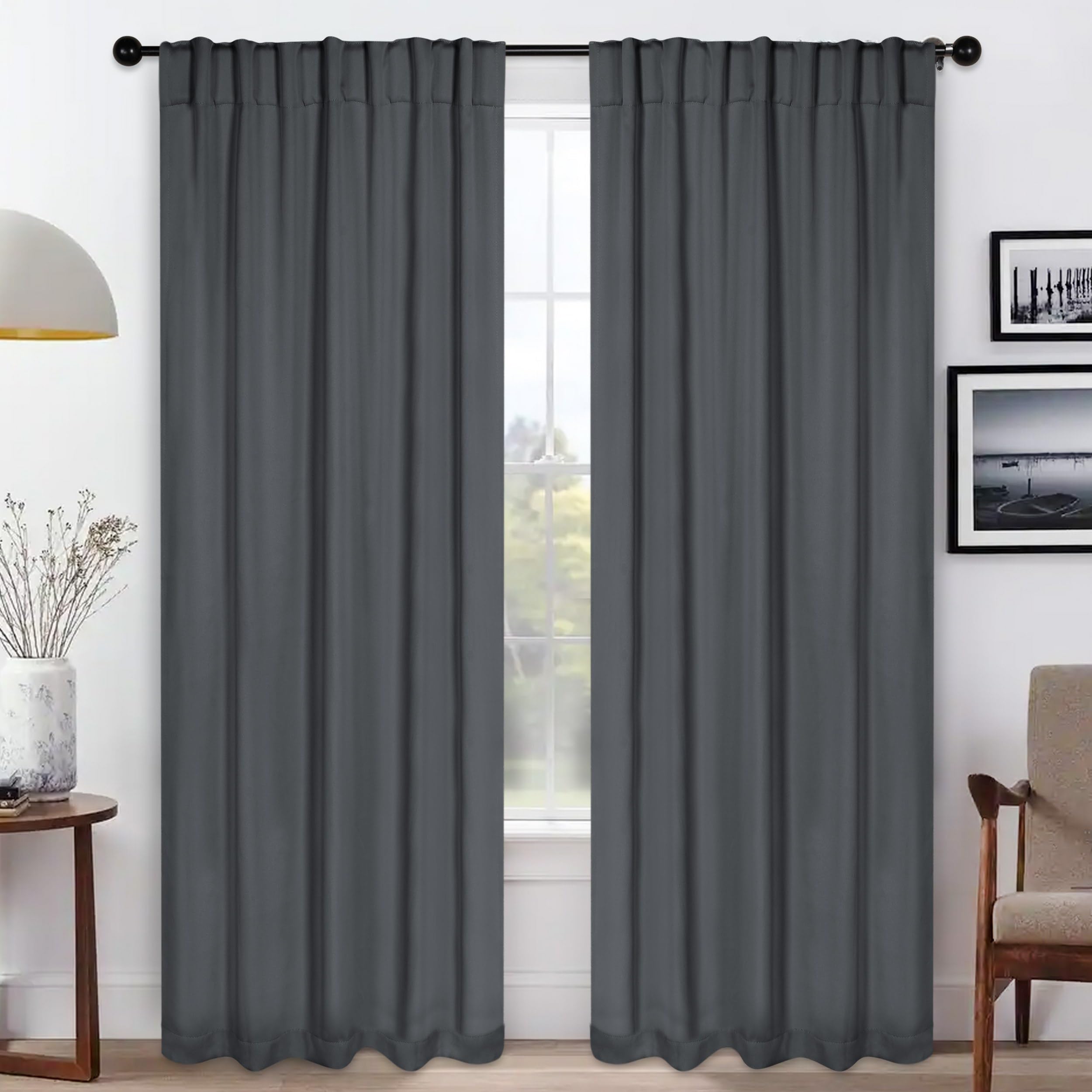 Superior Blackout Curtains, Room Darkening, Bedroom, Drapes, Kitchen, Living Room Window Accents, Sun Blocking, Thermal, 2 Pack, Solid Blackout Back Tab Curtains, Set of 2, 52″ x 96″, Grey