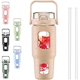 BLUEGO 32oz Glass Water Bottles with Straw Time Marker Half Gallon Large Motivational Water Bottle with Silicone Sleeve 2 Liter Large Glass Water Jug for Gym, Sports& Workout, Daily, Amber