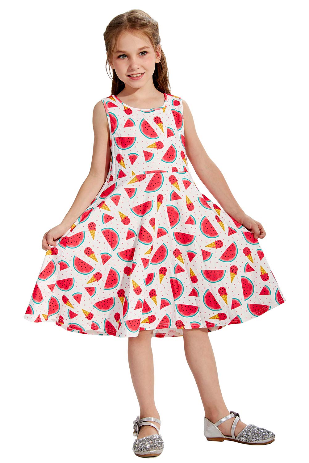 Youngs Girls Print Sleeveless Casusl Crew-Neck Dresses ice Cream Print Skirts Wine red (Watermelon, S)