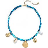 WOWORAMA Blue Beaded Shell Necklace for Women Boho Ocean Sea Shell Charm Necklaces Trendy Beads Summer Beach Necklace Bohemian Surfer Jewelry