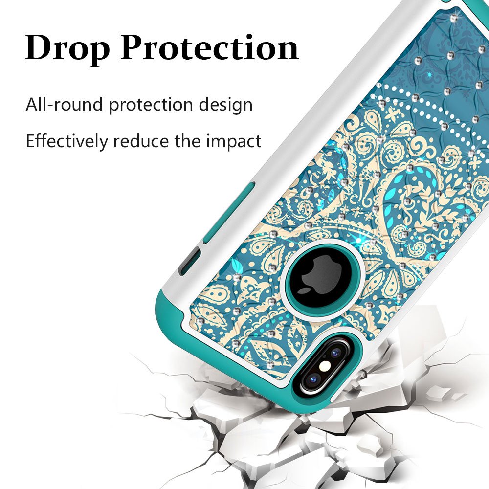iPhone X Case, MagicSky [Shock Absorption] Studded Rhinestone Bling Hybrid Dual Layer Armor Defender Protective Case Cover for iPhone X (2017) - Flower1