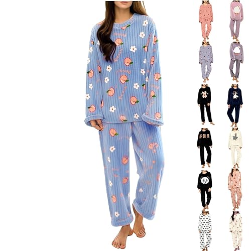 Uwdiohq Fleece Pyjamas Women Thickened Winter Warm Cozy Cute Printed Pajamas Sets Ladies Loungewear 2 PC Sleepwear Pjs sets Plush Top And Bottom Nightwear