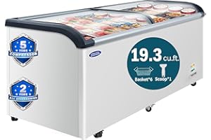 ORIKOOL Curved Top Display Freezer 19.3 Cu.ft Sliding Glass Lid Ice Cream Freezers Commercial Mobile Chest Freezer with LED Lighting, 6 Removable Baskets, Anti-Fog Sliding Lid