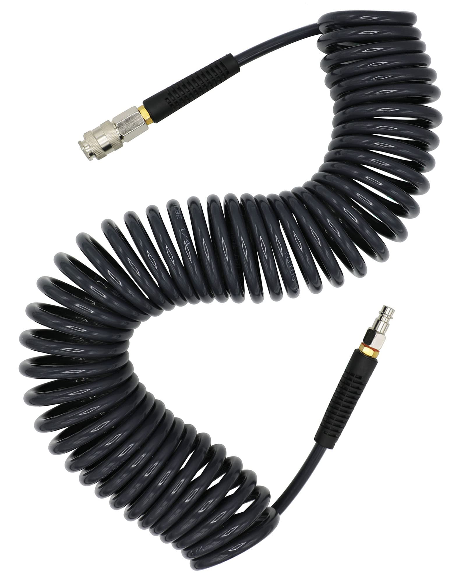 YOTOO Air Compressor Hose Polyurethane Recoil 10m Long 6mm ID x 9.5mm OD with Bend Restrictor, 1/4" Europe Quick Coupler and Plug, Gray