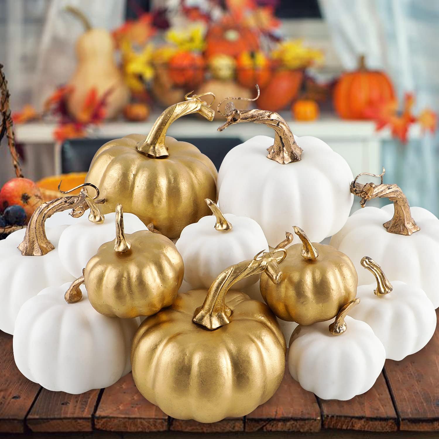Photo 1 of Ywlake 16 pcs Pumpkin Fall Decorations, Decorative Large Small Outdoor White and Gold Foam Plastic Fake Faux Artificial Pumpkins for Halloween Autumn Harvest Festival Home Table Decor