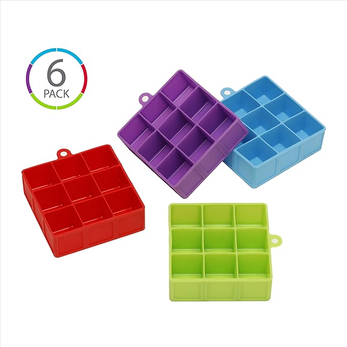 (6 COUNT) KOLORAE SILICONE ICE CUBE TRAYS (9 CUBE)EASY