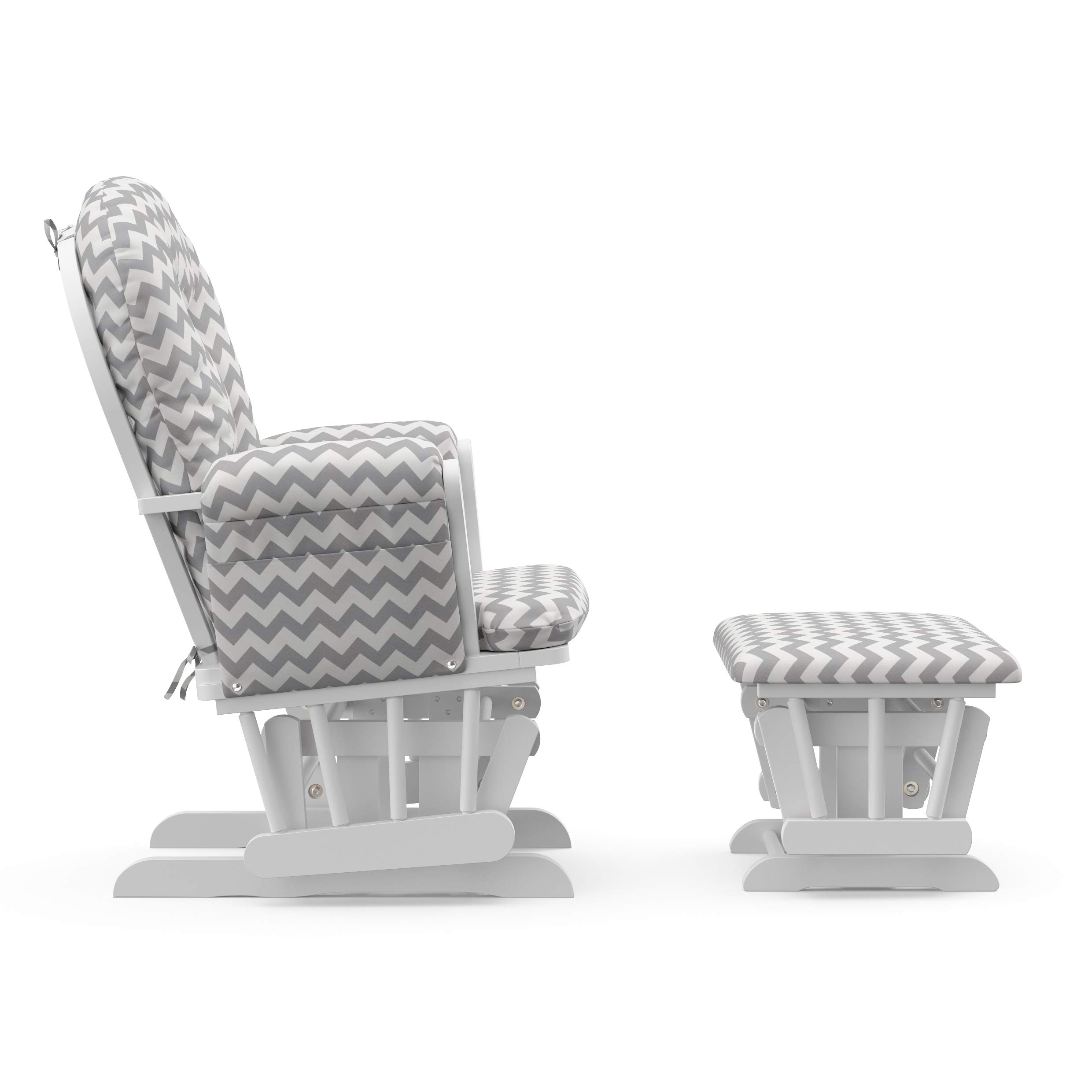 Storkcraft Premium Hoop Glider and Ottoman (White Base, Gray Chevron Cushion) – Padded Cushions with Storage Pocket, Smooth Rocking Motion, Easy to Assemble, Solid Hardwood Base