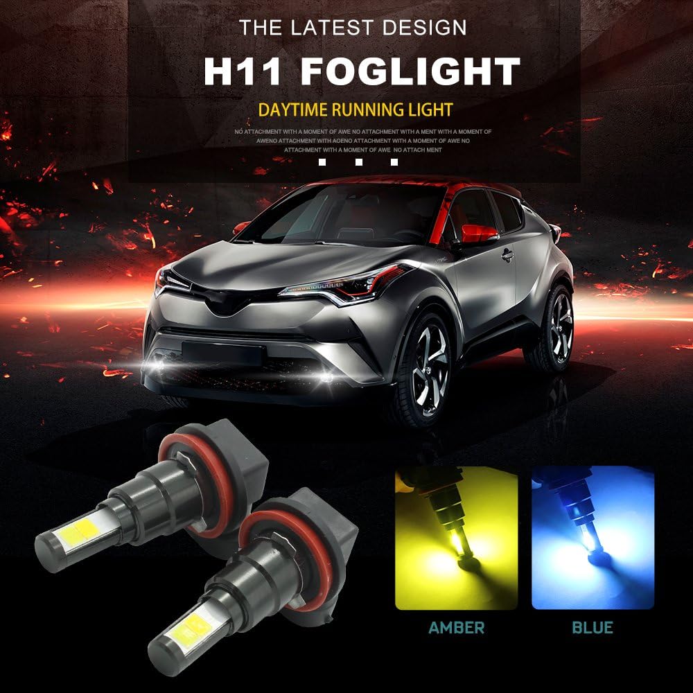 H11 Switchback LED Bulbs Blue/Amber, H8 H9 Super Bright COB Daytime Running Light DRL Bulbs Lamp with Fans (Pack of 2)