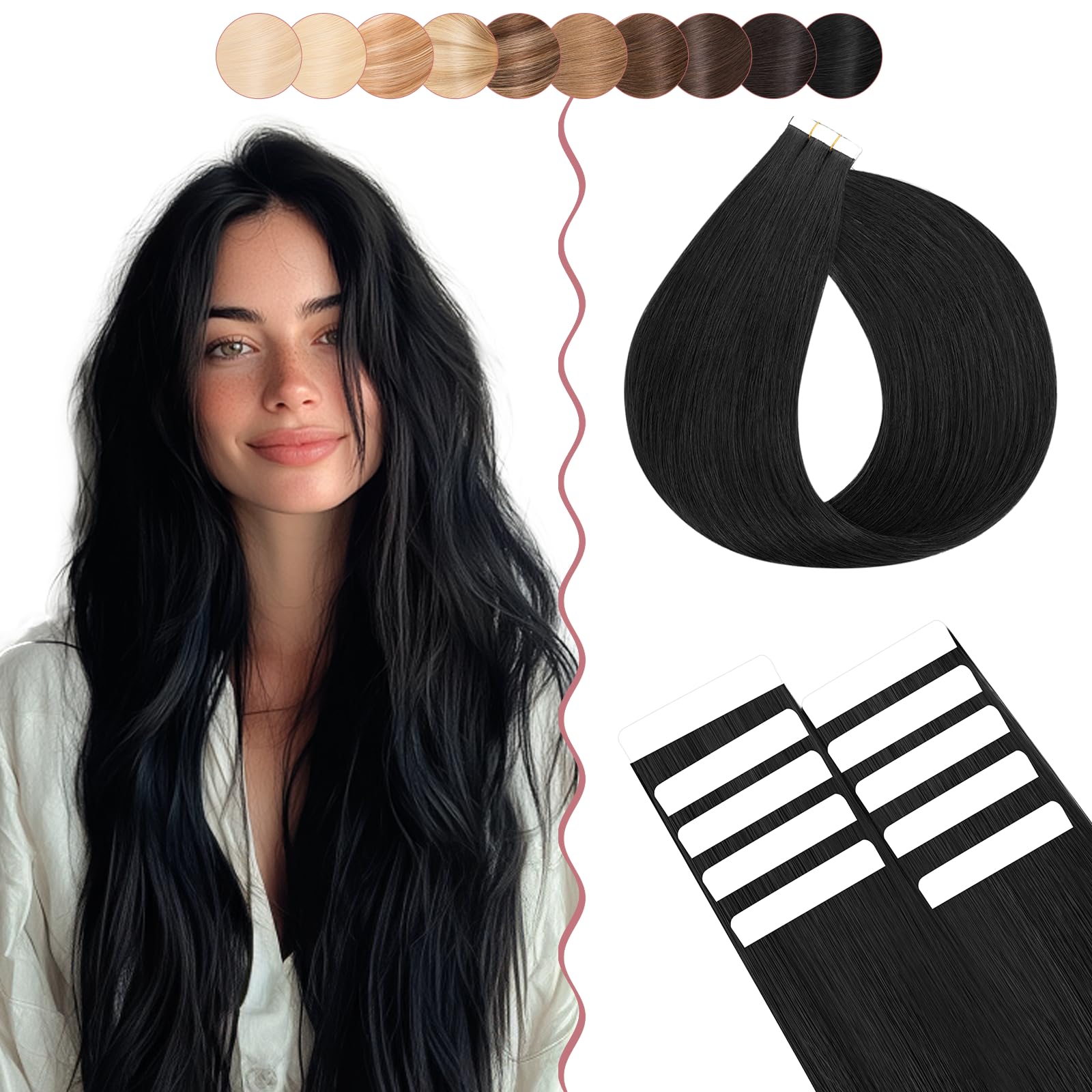 12 Inch SEGO Hair Extensions Real Human Hair Tape in 10 PCS Thin Weft [#1 Jet Black] 100% Remy Straight Seamless Invisible 10 Pieces*1g (10g) — image 1