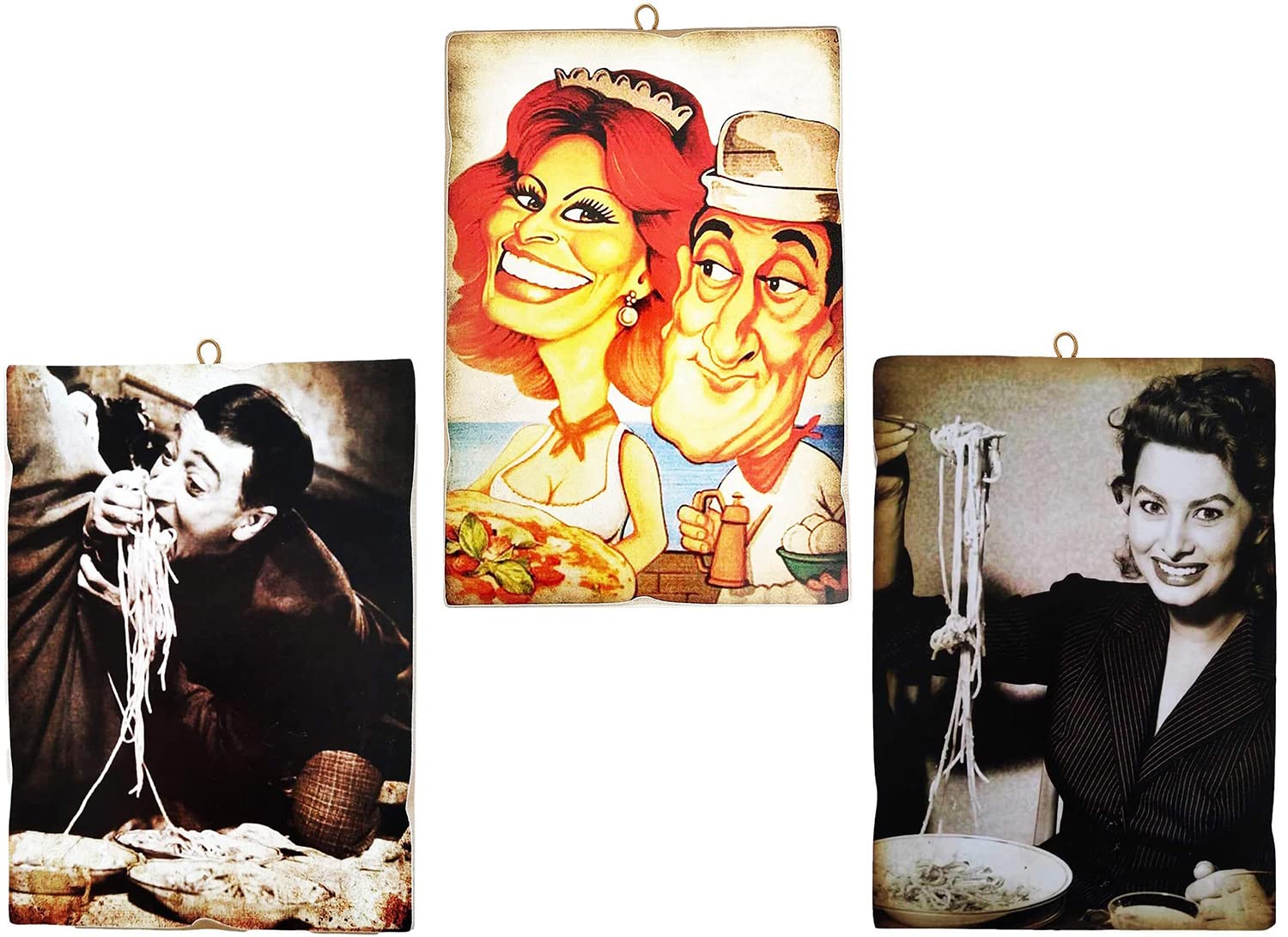 KUSTOM ART Composition of 3 Paintings Vintage Style Famous Actors Sofia Loren and Totò. Print on Wood 18x25 cm for Restaurant Pizzeria Bar Hotel.