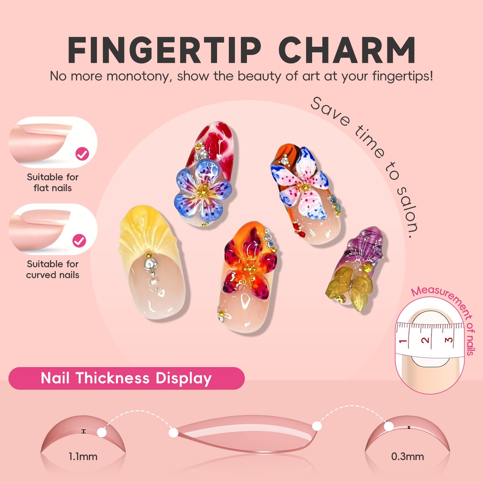 HOSAILY 3D Tropical Floral Press on Nails Medium Almond, Colorful Butterfly Bright Flower Summer Beach Handmade Full Cover Stick on Nails for Women, 24Pcs Glossy Reusable Fake False Nails with Glue - Image 4