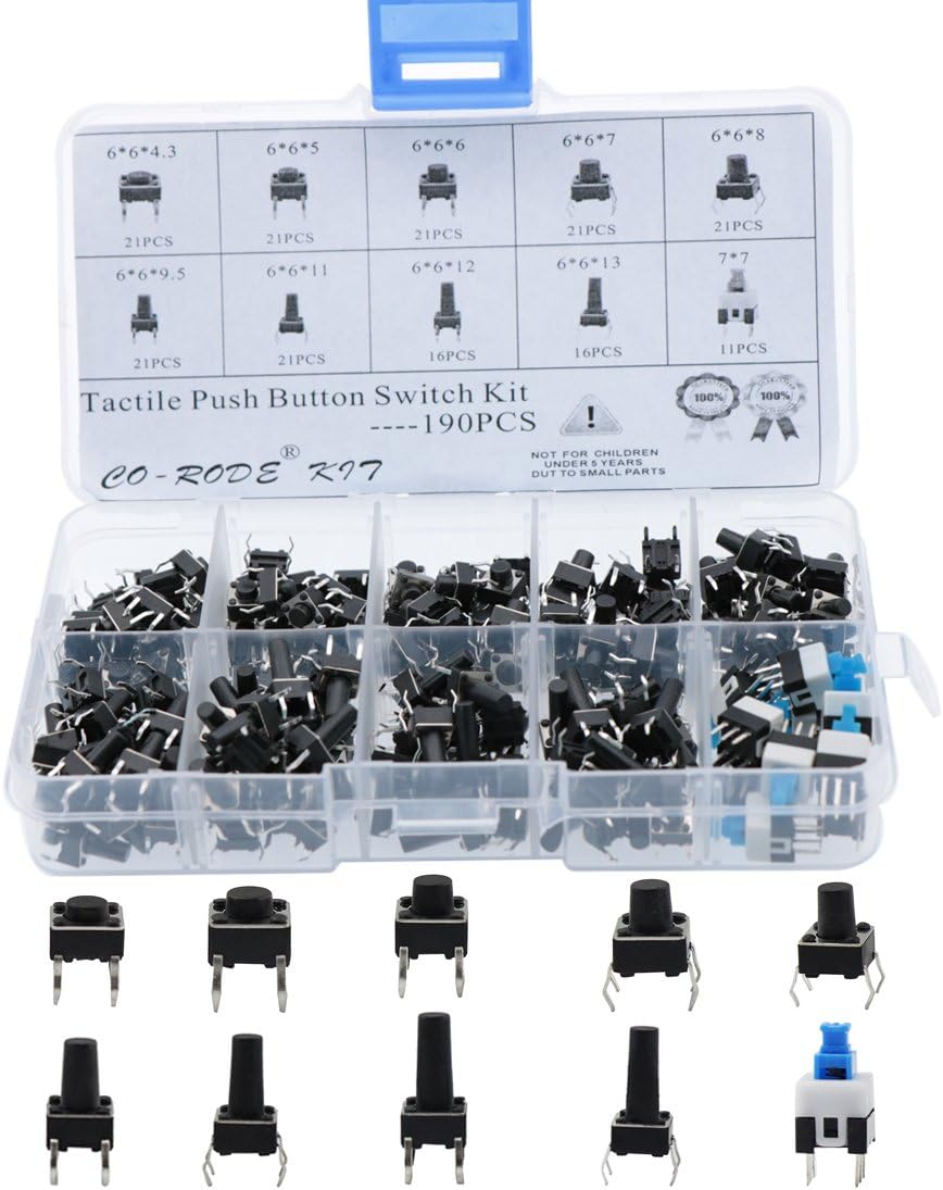 190PCS 10Values Tactile Push Button Mico Switch Momentary Tact Assortment Kit