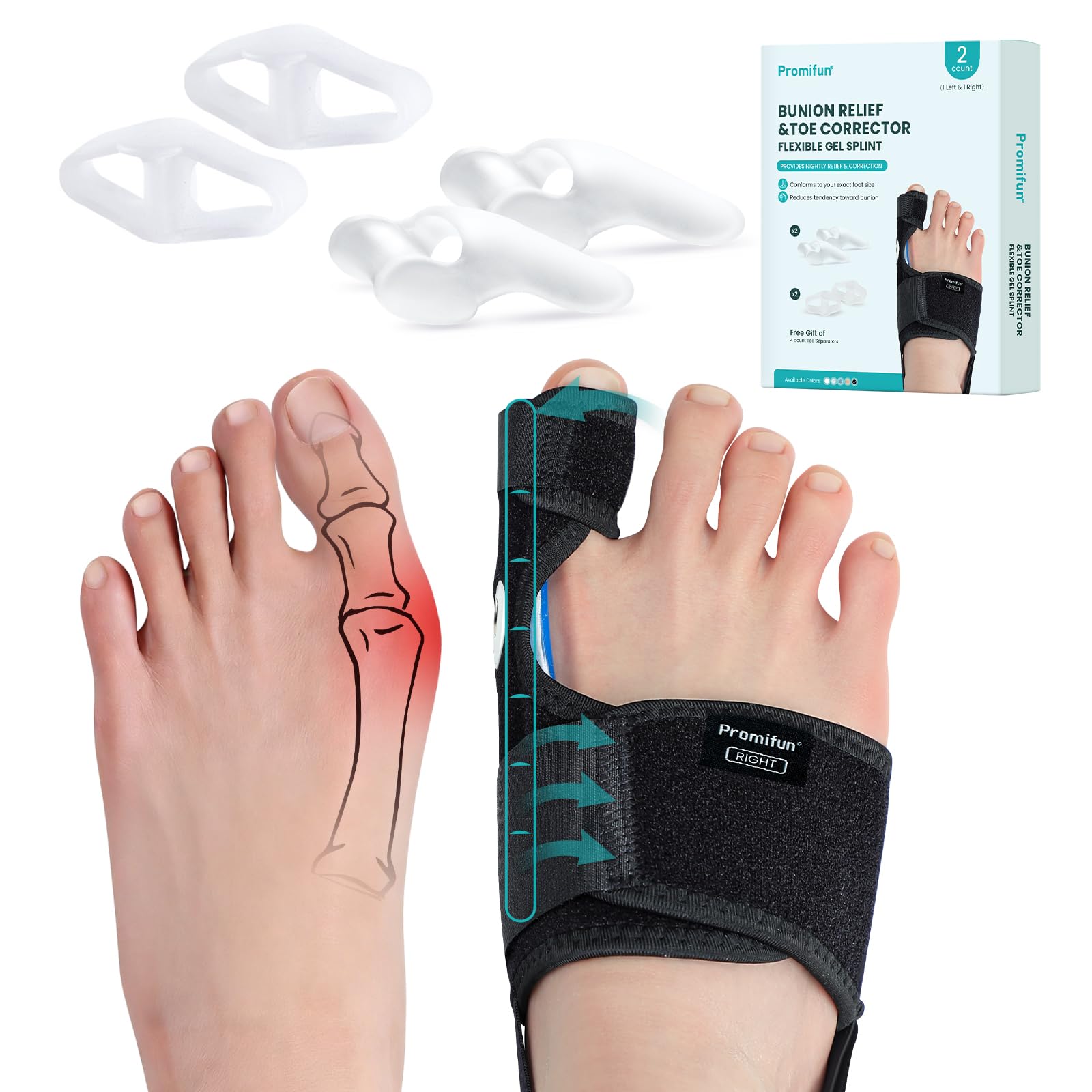 Promifun Bunion Corrector for Women & Men - 1 Pair Adjustable Bunion Splint Brace with Soft Gel - Pain Relief Bunion Pads, Toe Support, Toe Straightener with Non-Slip Strap