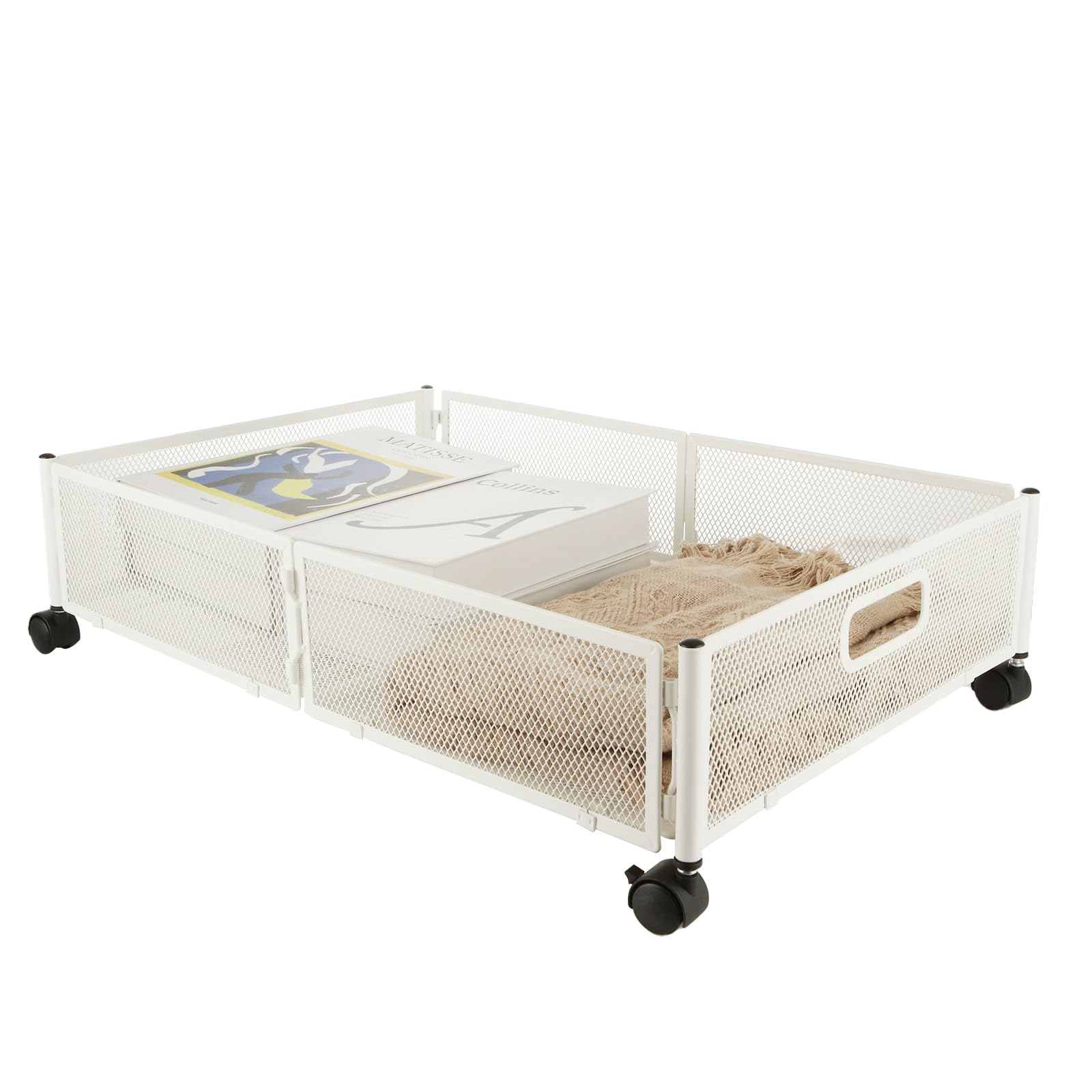 WOPPLXY Underbed Storage on Wheels - Metal Under Bed Storage Drawer with Wheels - Foldable Underbed Organiser Cart - White