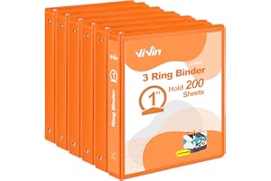 ViVin 1 Inch Round Ring View Binder for Durability, Standard 3 Ring Binder for 200 Sheets of US Letter Size Paper, PVC-Free, 6-Pack (Orange)