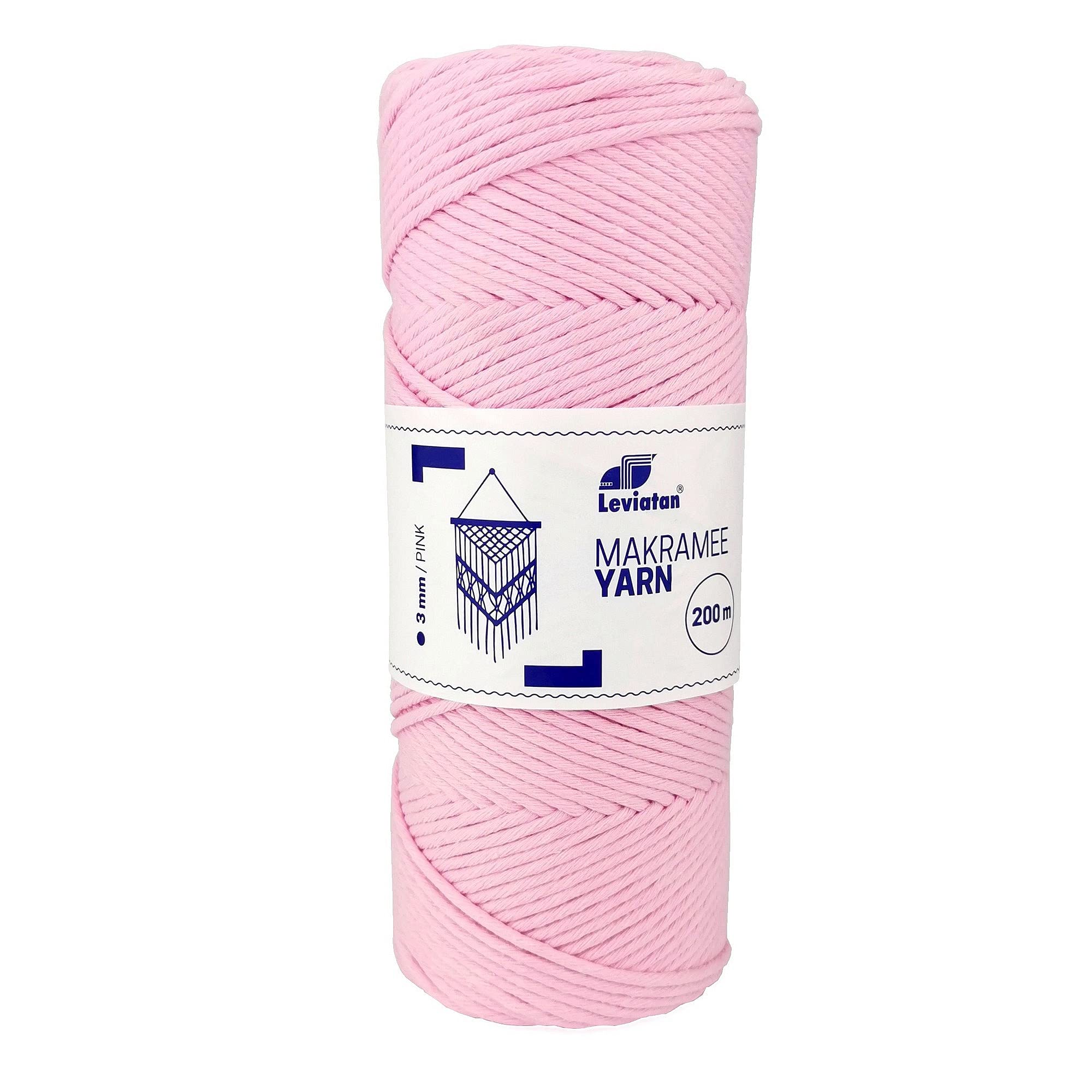 Leviatan Natural Thread | 200m Super Soft Single Twisted Cord | 100% Cotton Thread | Macramé Rope for Handicrafts | Wedding and Christmas Decorations | 3mm x 200m | Pink