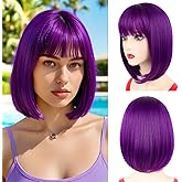 NOTICEME Bob Wig, Short Bob Dark Purple Wig with Bangs, Synthetic Straight Colorful Wig, Festival Party Cosplay Daliy Neon Wig 14 Inch