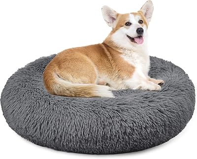 Enjamoy Plush Donut Dog Bed Calming Round Bed Dark Grey 70cm