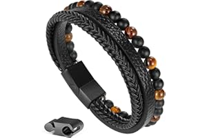 Ailetop Gifts for Men - Layered Leather Beads Bracelet, Tiger Eye Lava Rock Stone Braided Leather Bracelets for Men Adjustable Magnetic Clasp Birthday Gifts